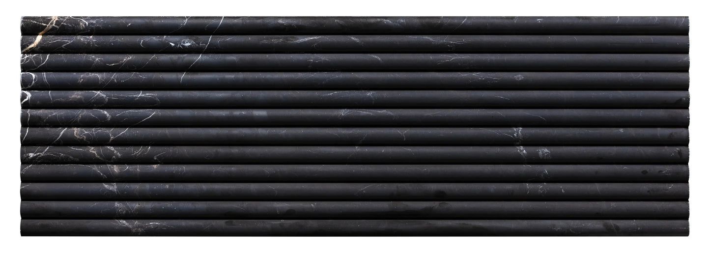 Nero - Sample by New York Cement Tile: black marble slab with fluted tiles and white veining, top view on white background.