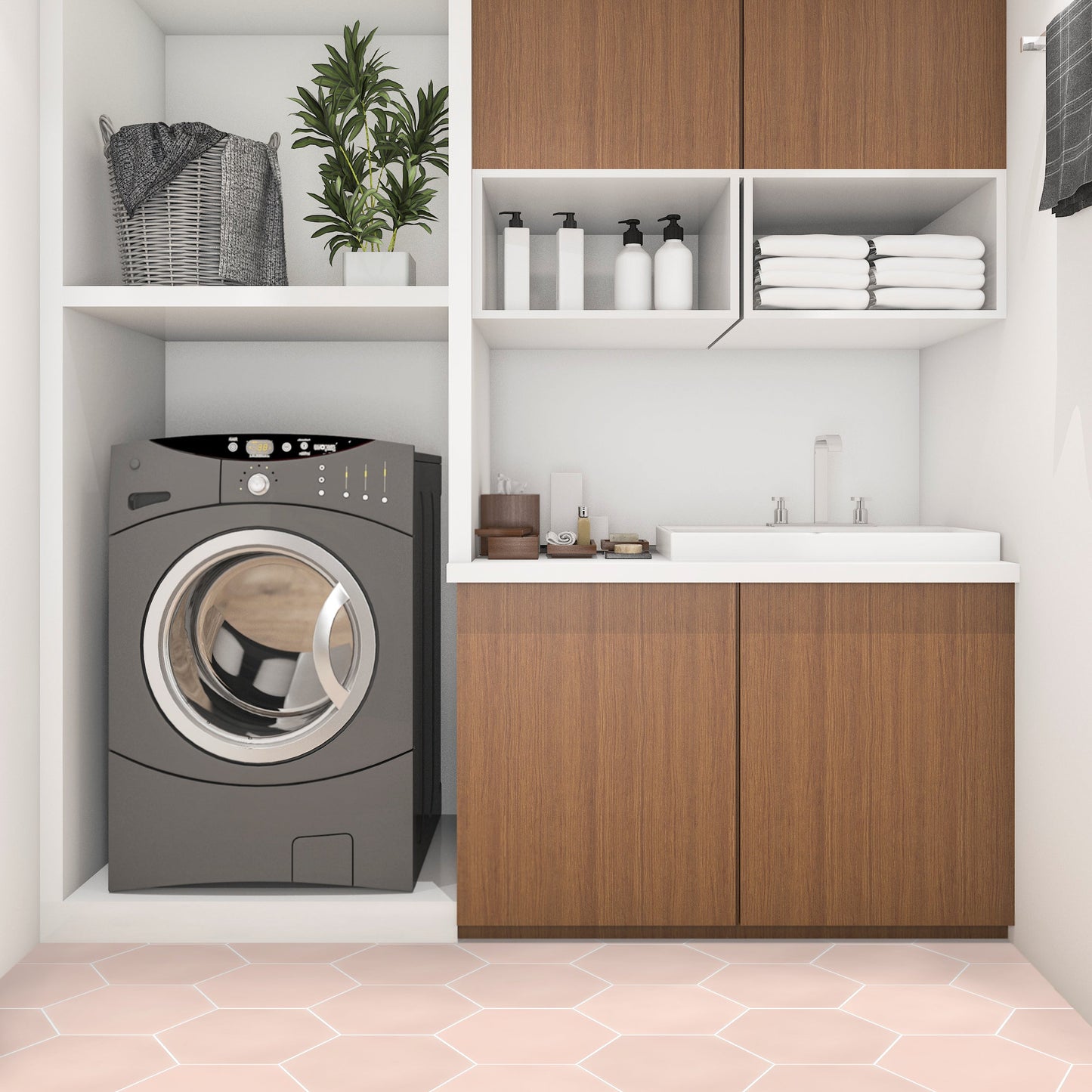 Modern laundry room featuring NH23-5505 Extra Sample tile by New York Cement Tile, plus cabinets, sink, and shelves.