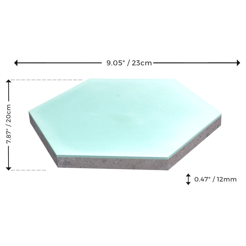 NH23-3309 Sample by New York Cement Tile: Hexagonal glass tile, 23cm x 20cm x 12mm, shown with arrows.