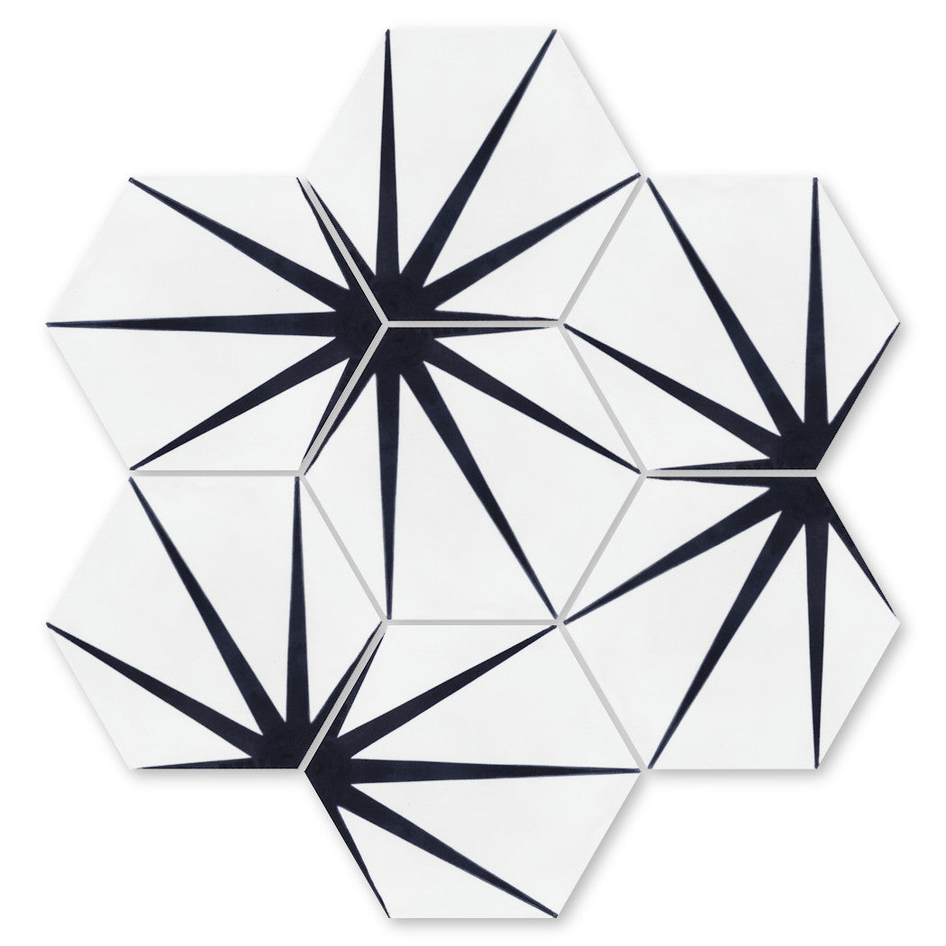 Six NH23-054 B&W cement tiles by New York Cement Tile, black starburst design, slip-resistant honeycomb layout.