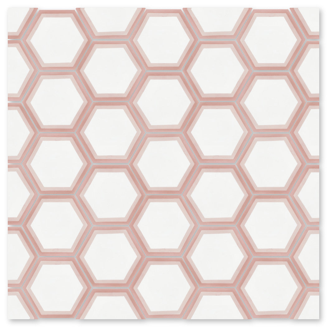 NH23-004 Sample by New York Cement Tile features pink hexagons with thin outlines on a white background.