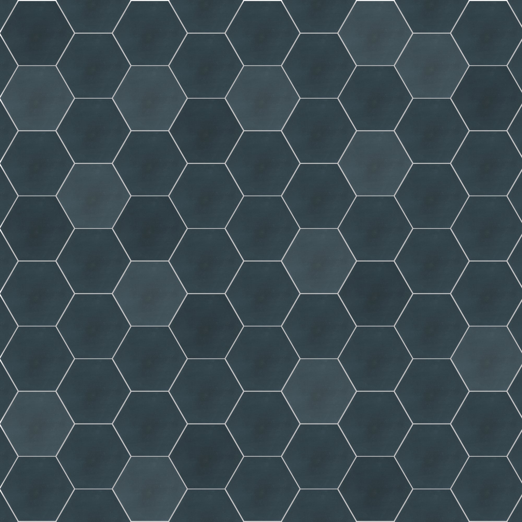 NH23-4461 Sample by New York Cement Tile: dark blue hexagonal tile with thin white outlines in a seamless geometric design.
