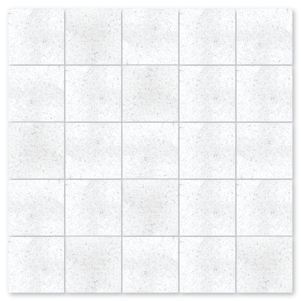 A 5x5 grid of New York Cement Tile Terrazzo 12X12-NT30-Dew Drop tiles with gray speckles and faint tile shadows.