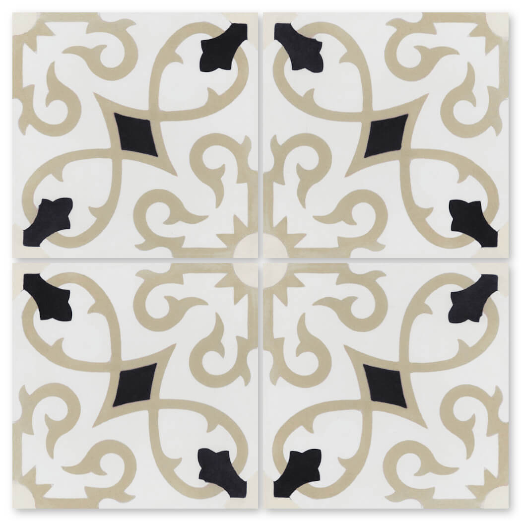 Charlotte Primero Sample by New York Cement Tile: four white tiles with a beige and black symmetrical floral-like pattern.