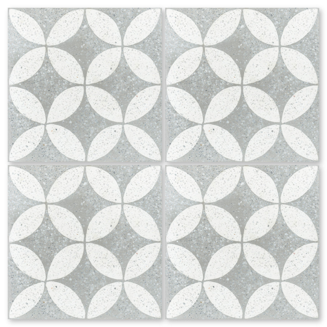 The Terrazzo 8x8- Circulos B Urban Gray sample by New York Cement Tile features white petal circles on gray tiles.