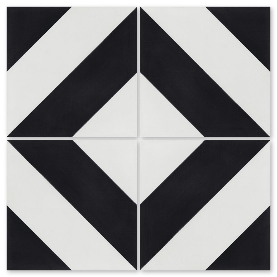 Four N20-215 B&N tiles by New York Cement Tile create a geometric pattern with diagonal lines forming a diamond shape.
