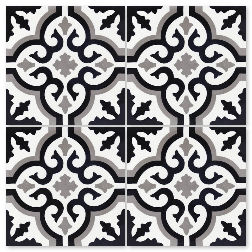 N20-200 BW&G by New York Cement Tile: black, white & gray cement tiles with handcrafted, decorative symmetry.