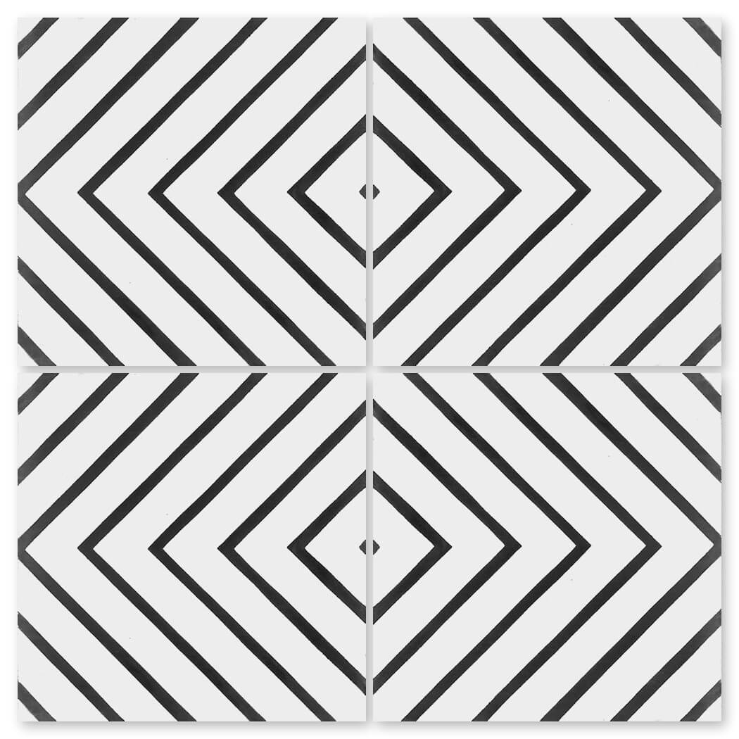 The N20-437 B&W by New York Cement Tile features four durable tiles with black diamond patterns for stylish flooring.