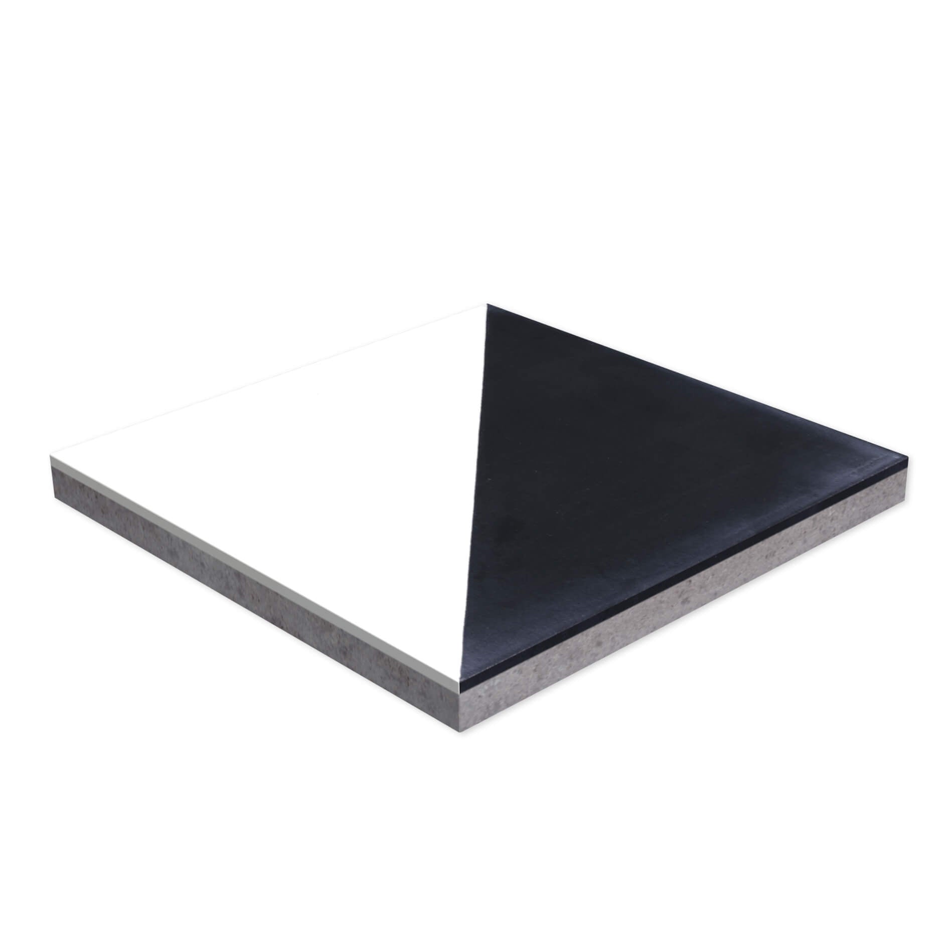 N20-139 Black & White Sample by New York Cement Tile: a diagonal half-black, half-white square tile on a white background.