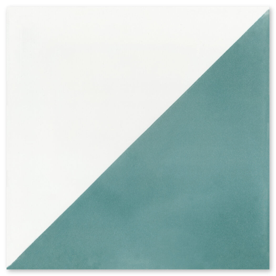 New York Cement Tile's N20-139 Blue & White is a square cement tile split diagonally: white top left, teal bottom right.