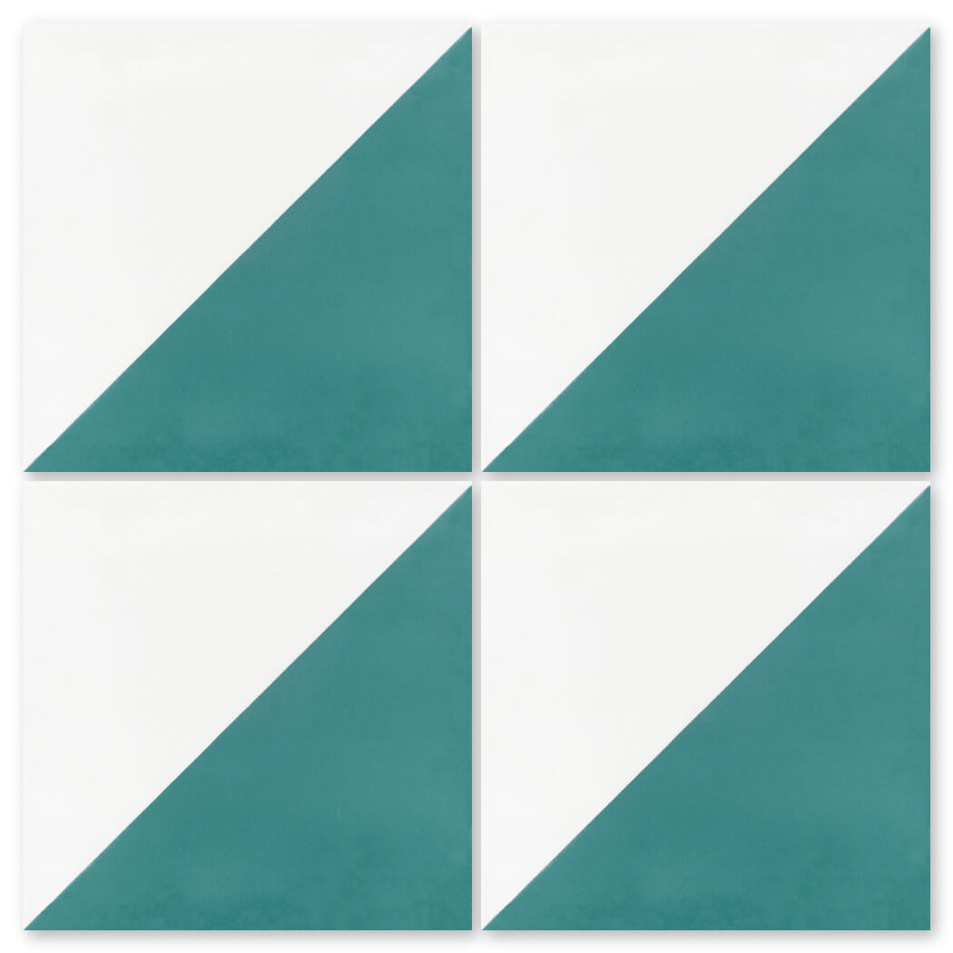 Four N20-139 Icy Lagoon & White tiles by New York Cement Tile form a bold diagonal geometric pattern.