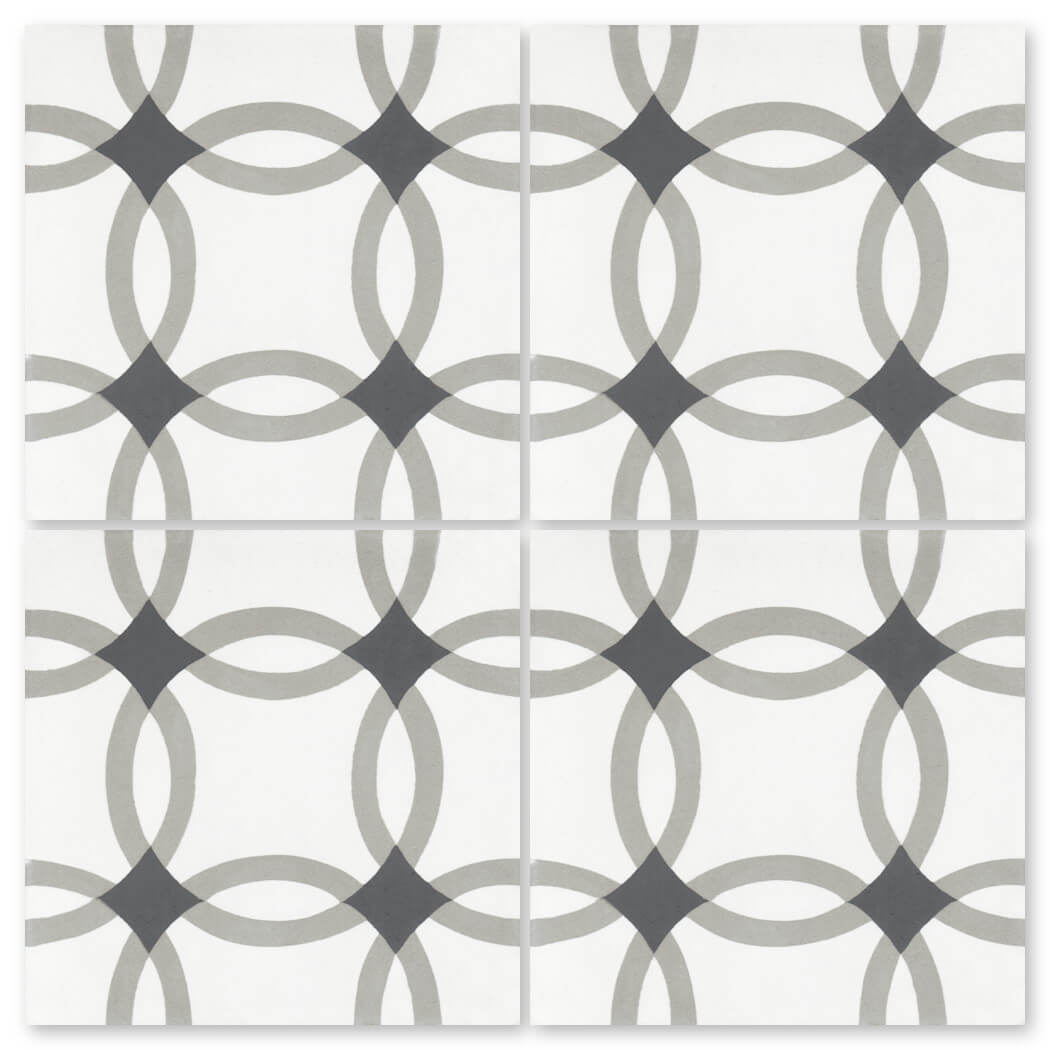 The N20-255 Extra Sample by New York Cement Tile has four tiles with a gray and black geometric circle design on white.