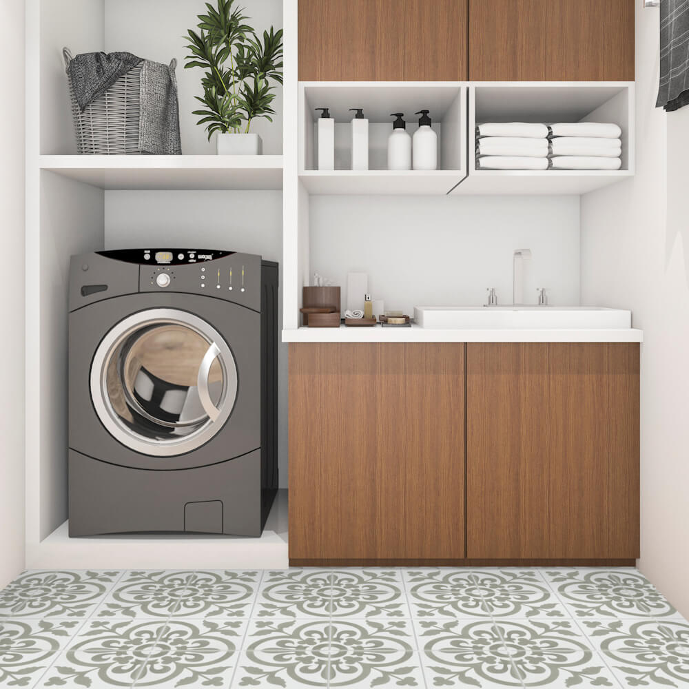 Modern laundry room with washing machine, sink, wood cabinets, shelves & N20-052 Grey & White tile by New York Cement Tile.