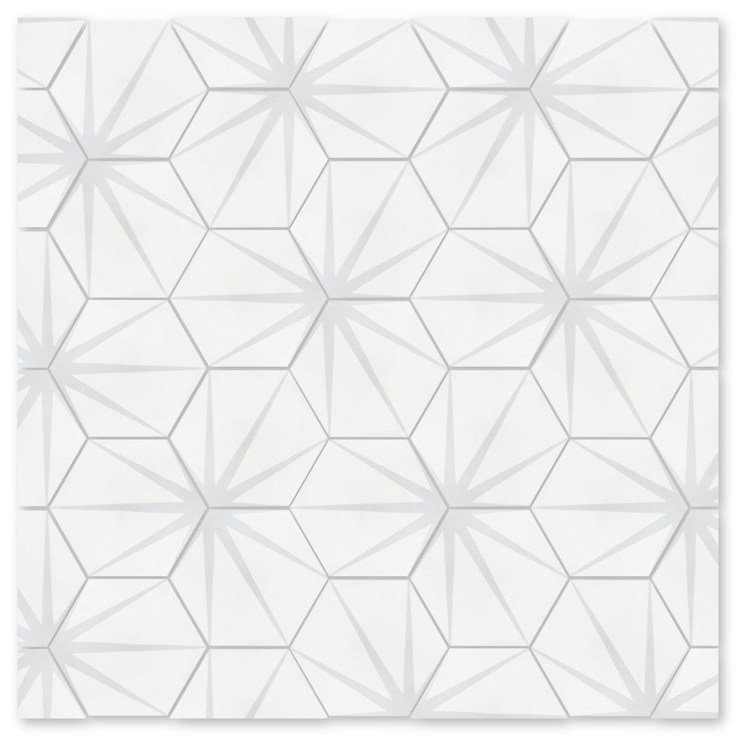 NH23-054 Gray 2246 by New York Cement Tile: white interlocking hexagons outlined in light gray, tile-inspired pattern.