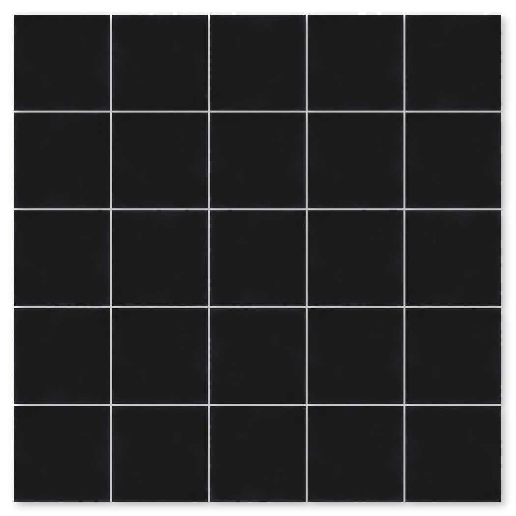 A grid of 25 New York Cement Tile 2200-Solid Black 8x8 samples with thin white grout lines on a plain background.