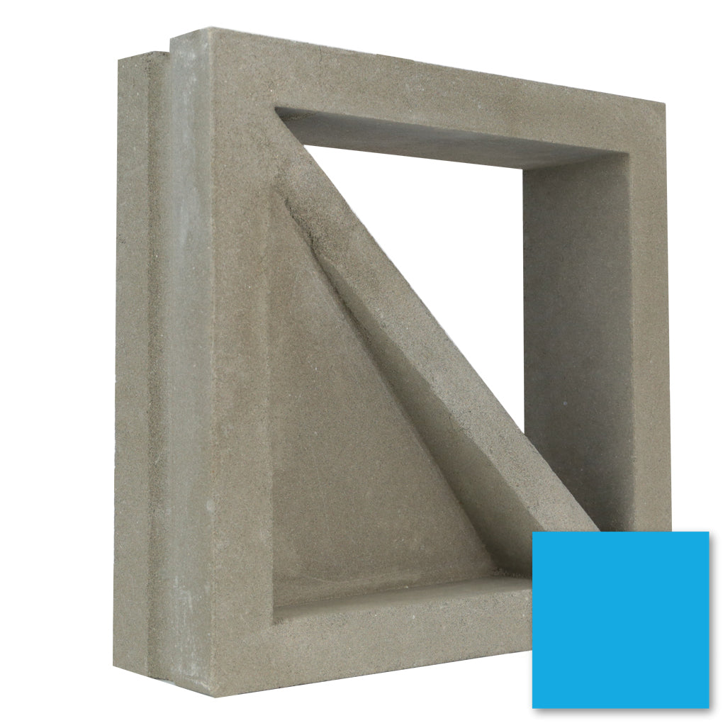 Large Bermy Sample by New York Cement Tile: a square breeze block with a diagonal support and open center, next to a small blue square.