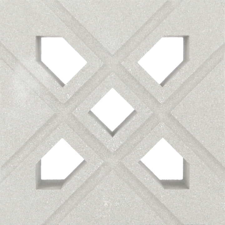 Lana by New York Cement Tile features a white textured surface with X and diamond cutouts inspired by mid-century breeze blocks.