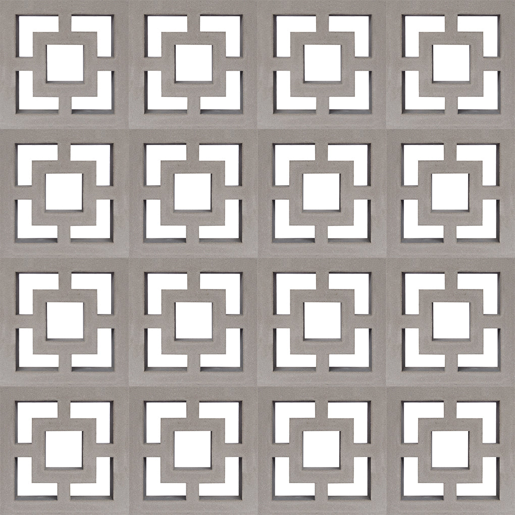 A grid of 16 Large Tong tiles by New York Cement Tile, featuring geometric cut-out patterns for stylish privacy screens.