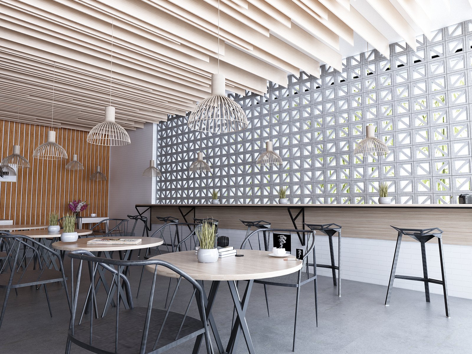 Modern café with Kaui glass block wall by New York Cement Tile, round tables, black chairs, and pendant lights.