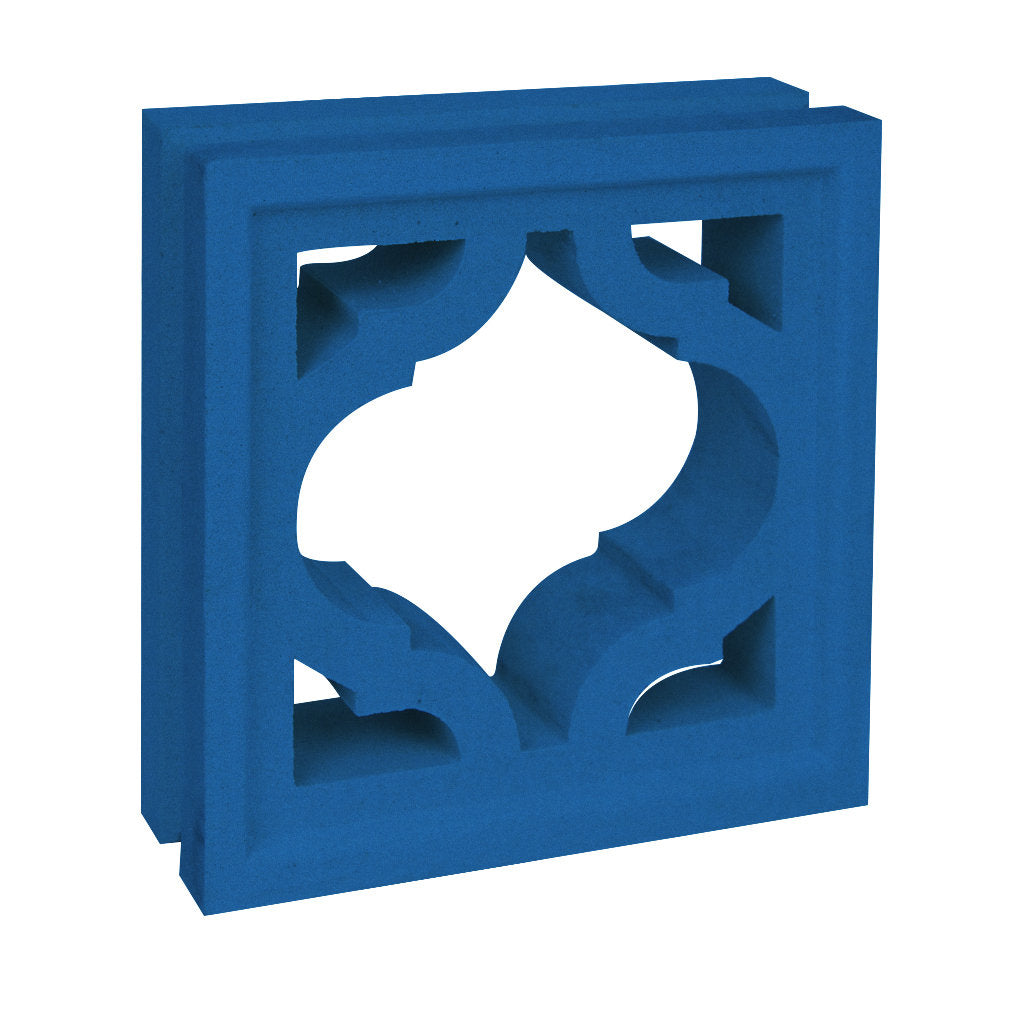 The Myko by New York Cement Tile is a blue breeze block with geometric cutouts, ideal for modern decorative partitions.