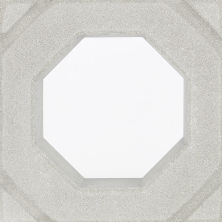 The Sumar Sample by New York Cement Tile features a white octagon on a textured gray square, inspired by mid-century breeze blocks.