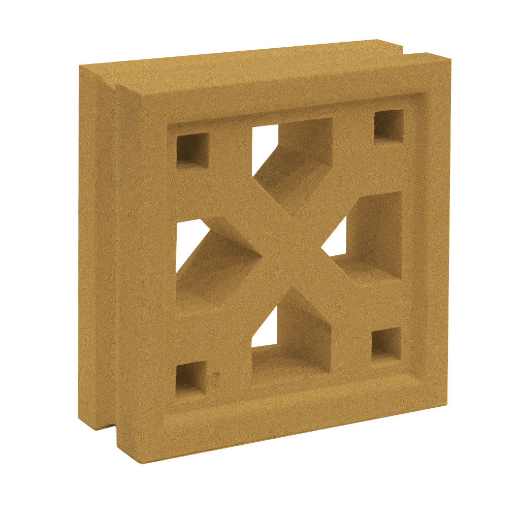 The Tahit breeze block by New York Cement Tile features a tan color and X cut-out for mid-century modern decorative walls.