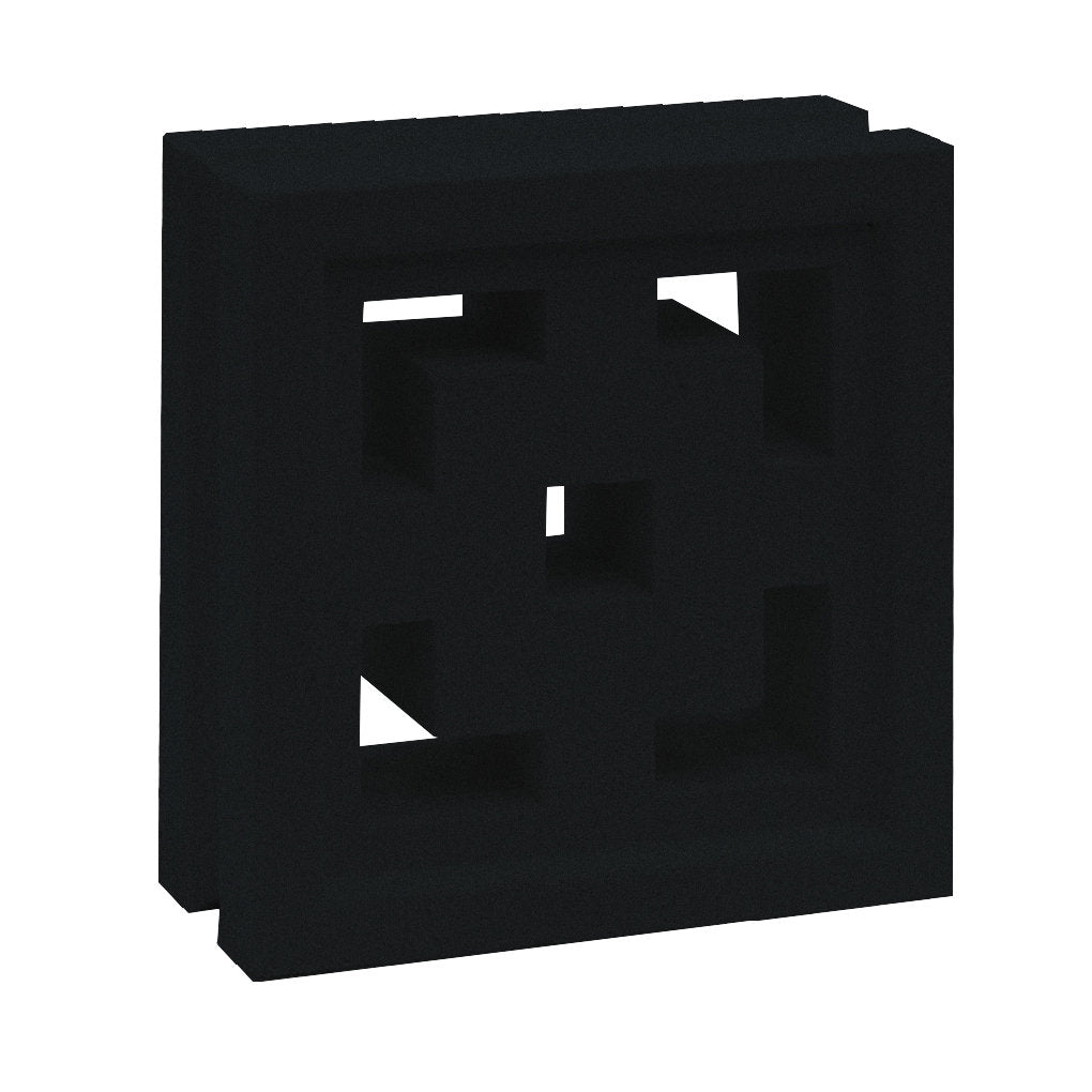 The Tonga - NBB-006 Extra Sample by New York Cement Tile is a black, square breeze block with geometric cut-out patterns.
