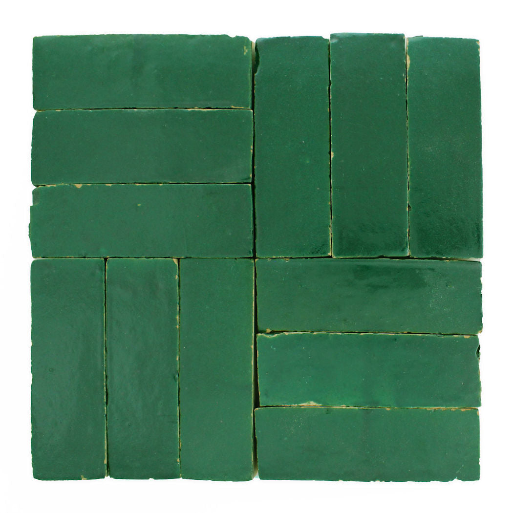 Twelve Jewel Green (2x6) tiles by New York Cement Tile form a geometric, interlocking square pattern.