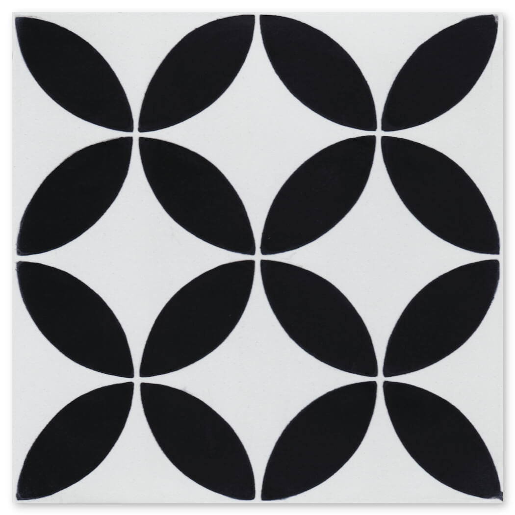 Black petal shapes create a geometric pattern on the N20-061 White tile by New York Cement Tile, inspired by handcrafting.
