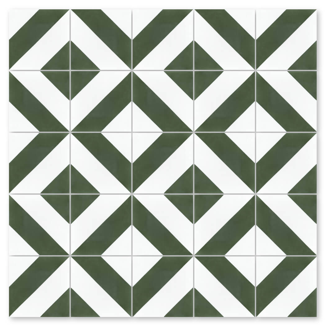 The N20-215 O&W Sample by New York Cement Tile features a green and white diamond and triangle pattern for flooring.