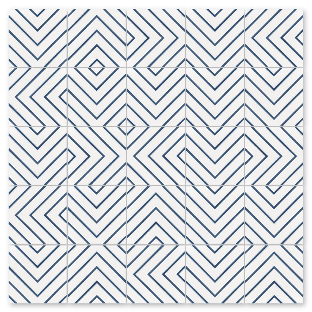The N20=437 B&W Extra Sample by New York Cement Tile features white tiles with blue geometric chevrons and diamonds.