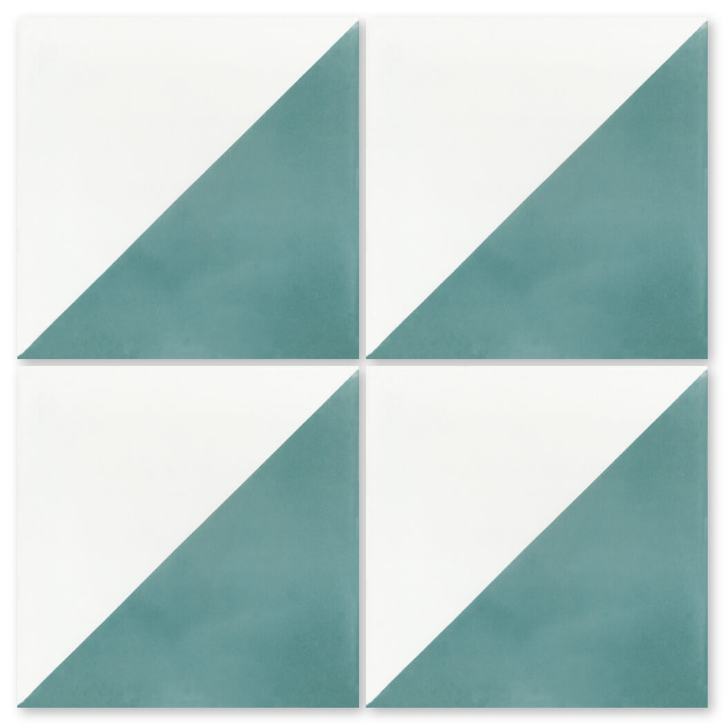 Four N20-139 Blue & White tiles by New York Cement Tile feature teal and white geometric halves for modern spaces.