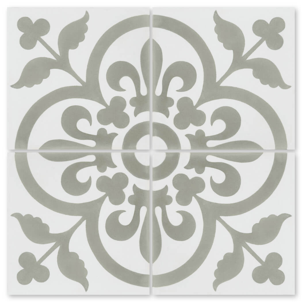 The N20-052 Grey & White sample by New York Cement Tile features a durable, symmetrical floral pattern for flooring.