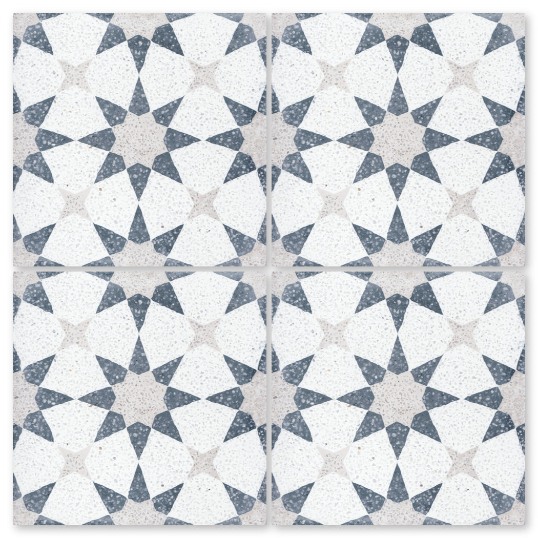 New York Cement Tile's Terrazzo 8x8- NT20-271 features geometric tiles with a white, gray, and dark blue star design.
