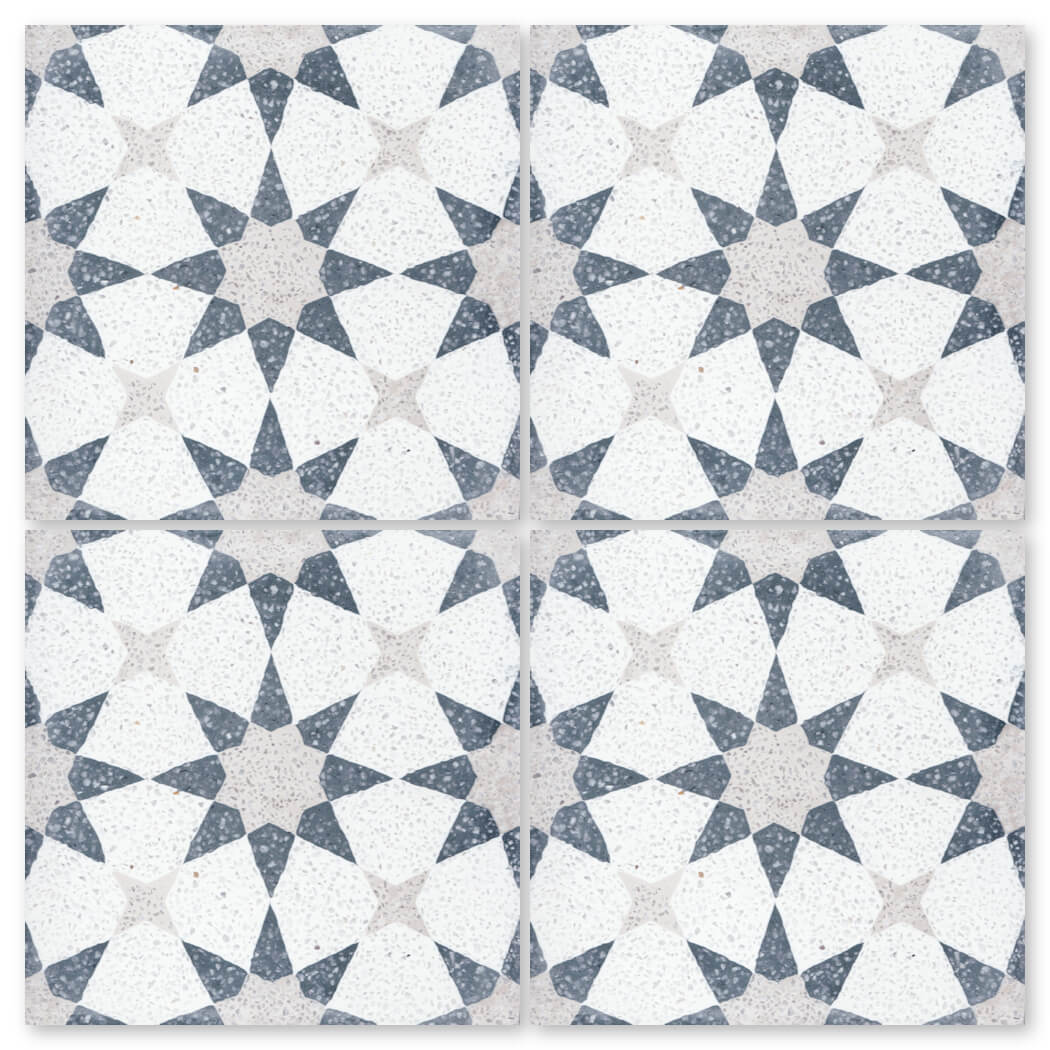 NT20-271 Sample by New York Cement Tile: white, gray & blue geometric mosaic tiles with stars and diamonds in a repeat pattern.