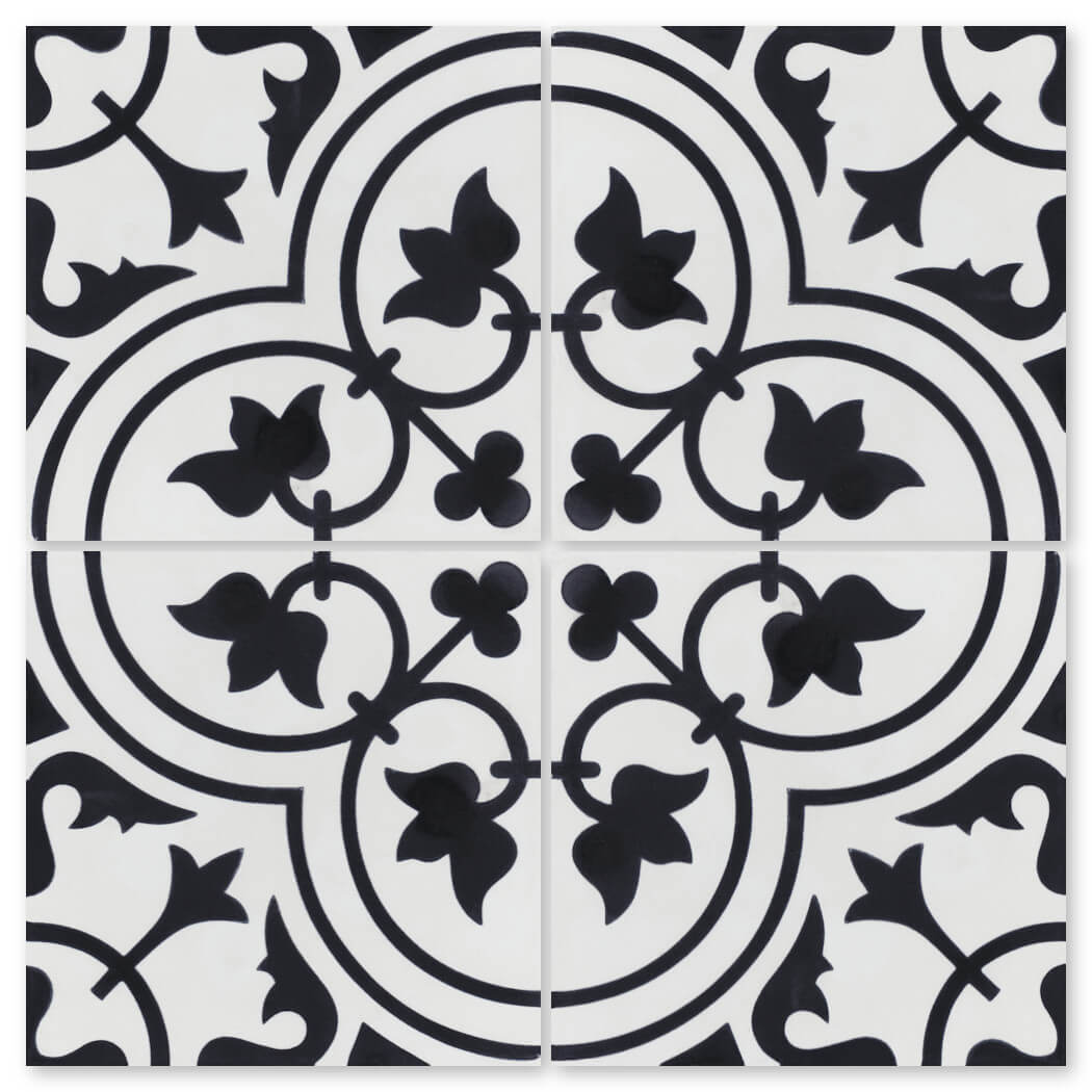 The N20-045 White Sample by New York Cement Tile features four tiles forming a bold, black and white geometric floral pattern.