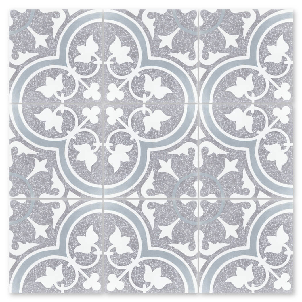 NT20-045 Holland Grey by New York Cement Tile: gray and white mosaic sample with floral, geometric, and durable design.