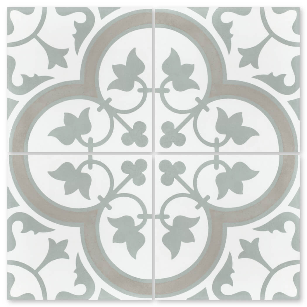 The N20-045 Vintage Grey by New York Cement Tile features gray and white floral vine patterns forming a symmetrical design.