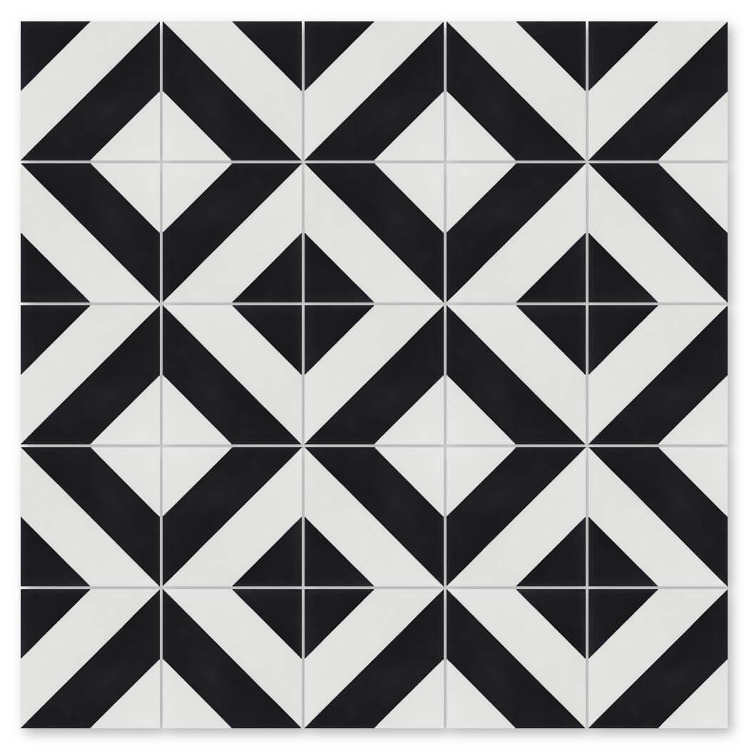 The N20-215 B&N by New York Cement Tile features bold black and white geometric patterns for a striking, eco-friendly look.
