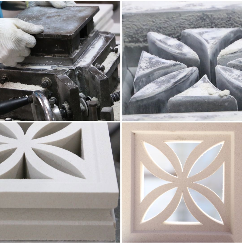 Four images show hands shaping, molding, and finishing a decorative geometric concrete block with a flower-like design.