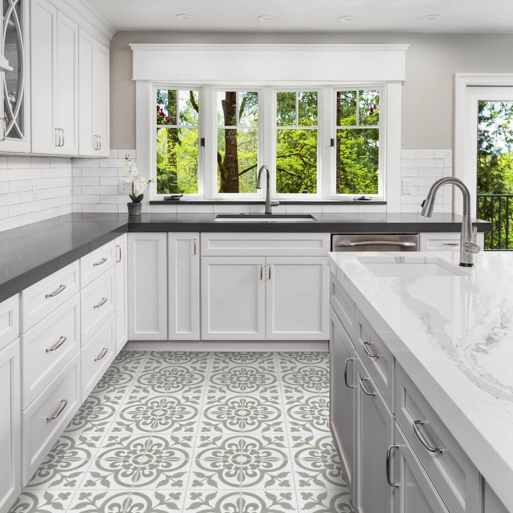 Bright kitchen with white cabinets, large windows, and New York Cement Tile N20-052 Grey & White patterned flooring.