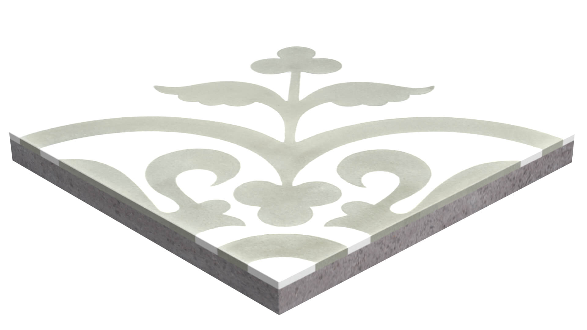 The N20-052 Grey & White sample by New York Cement Tile shows its triangle shape and ornate gray floral pattern on white.