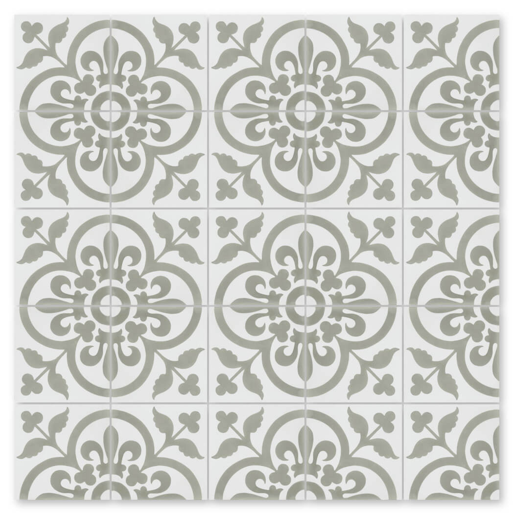 N20-052 Grey & White tiles by New York Cement Tile: handcrafted floral and geometric designs for durable flooring.