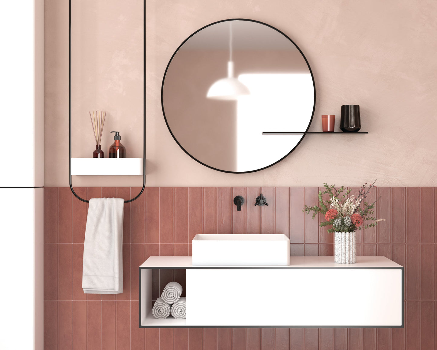 Contemporary bathroom with Ruby - Raku vase by New York Cement Tile, round mirror, and floating sink on a terracotta wall.