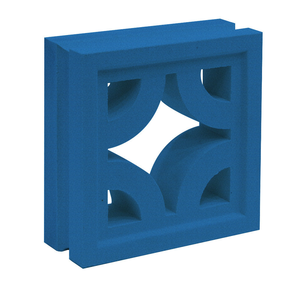 The Sam by New York Cement Tile is a blue breeze block with a diamond-shaped geometric cutout, ideal for partitions.