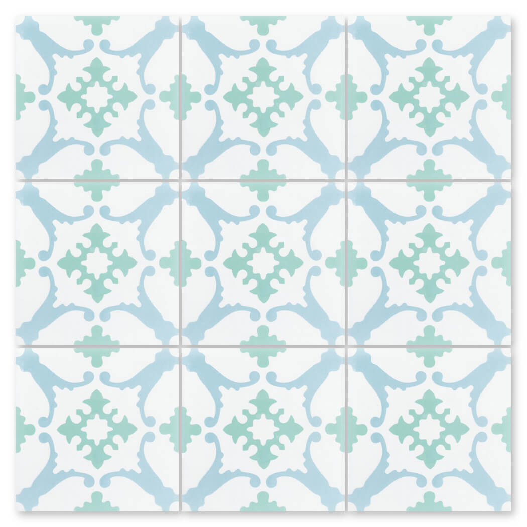 N20-148 Nassau by New York Cement Tile: Blue and green geometric pattern on handcrafted tiles with a crisp white background.