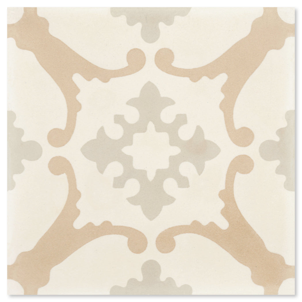 N20-148 Sand, Extra Sample by New York Cement Tile: Cream cement tile with beige and gray floral pattern for floors.