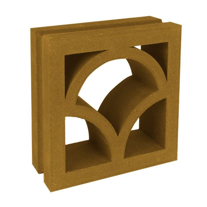 Shelli by New York Cement Tile is a brown mid-century breeze block with geometric and arch-shaped cutouts.