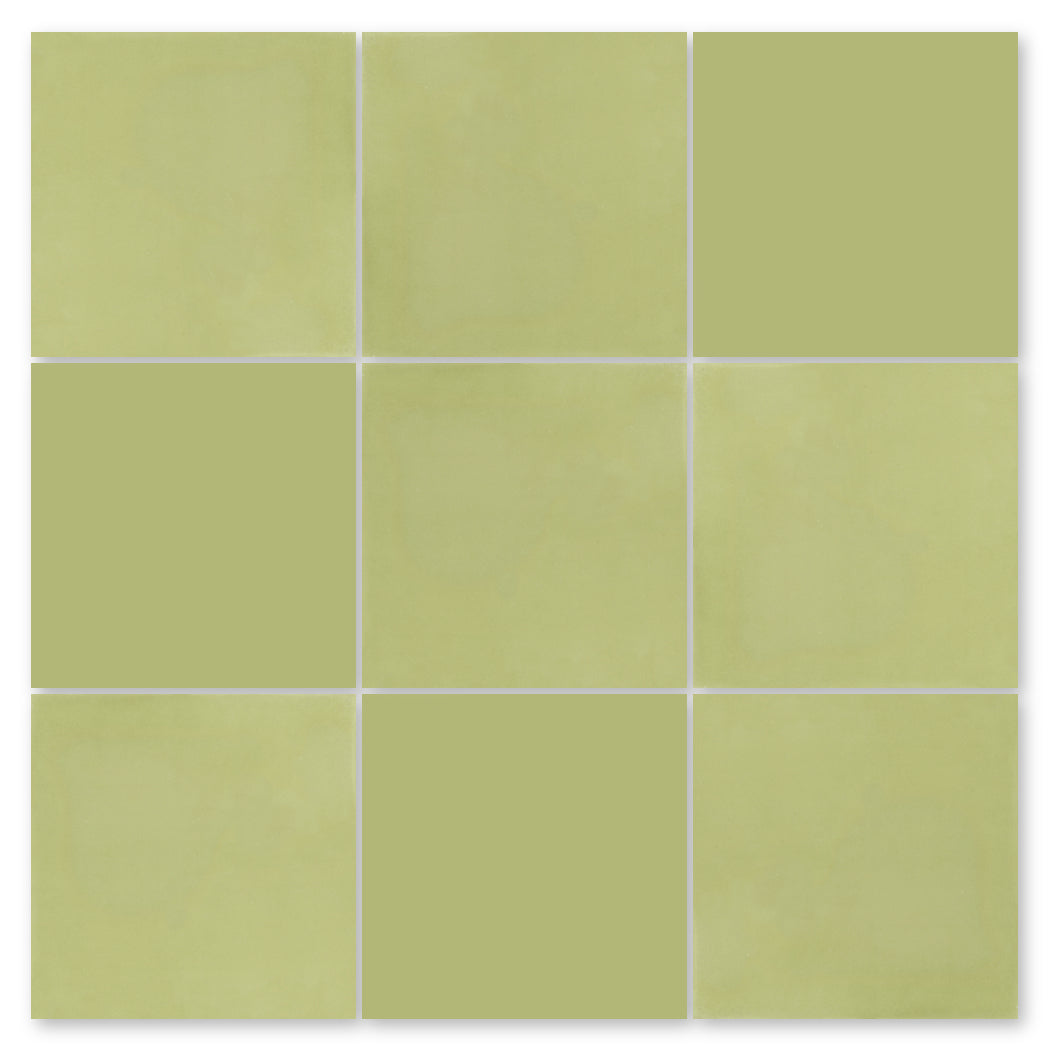 Nine 3325-Solid 4x4 tiles by New York Cement Tile, light green, arranged 3x3 on a white background.