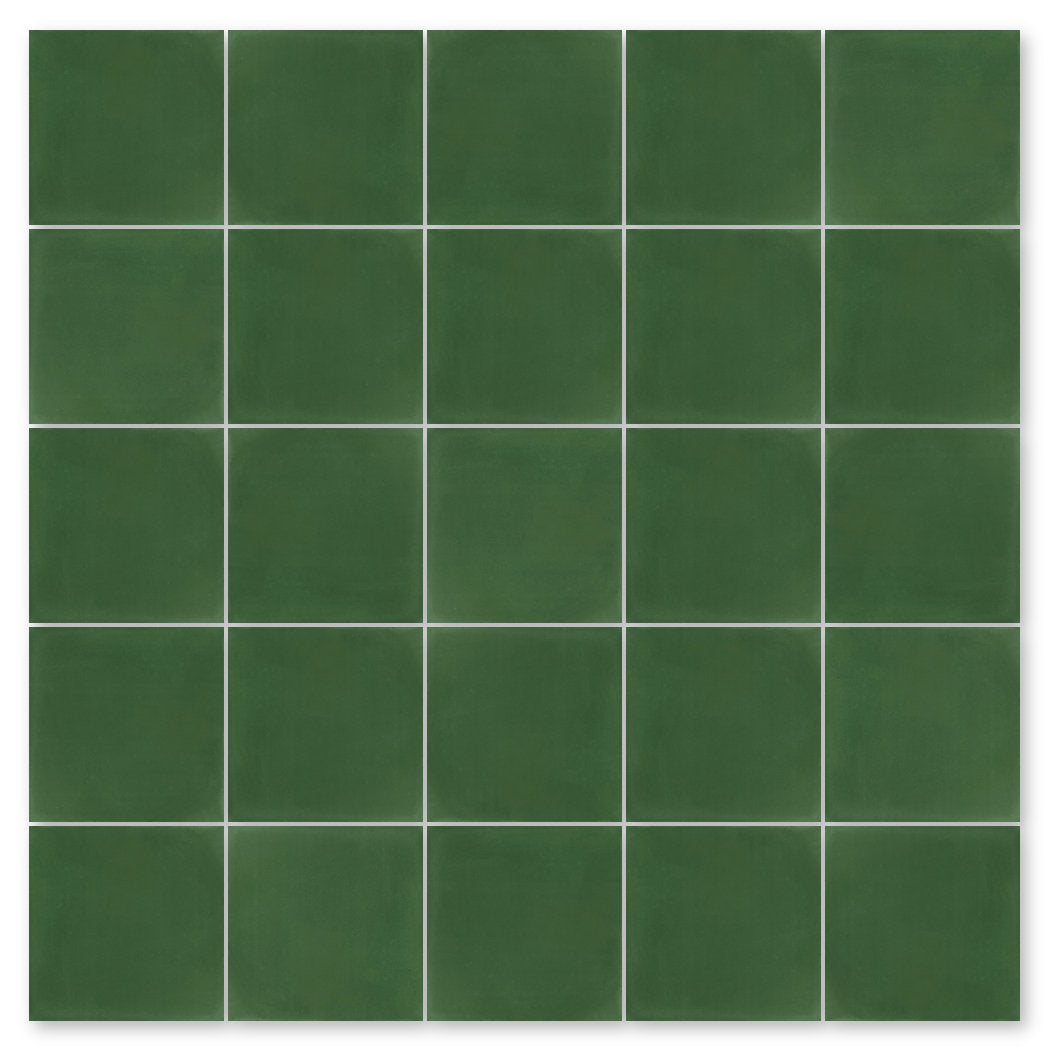 A 6x6 grid of 36 green tiles (3343-Solid, Sample) by New York Cement Tile with thin white grout lines.